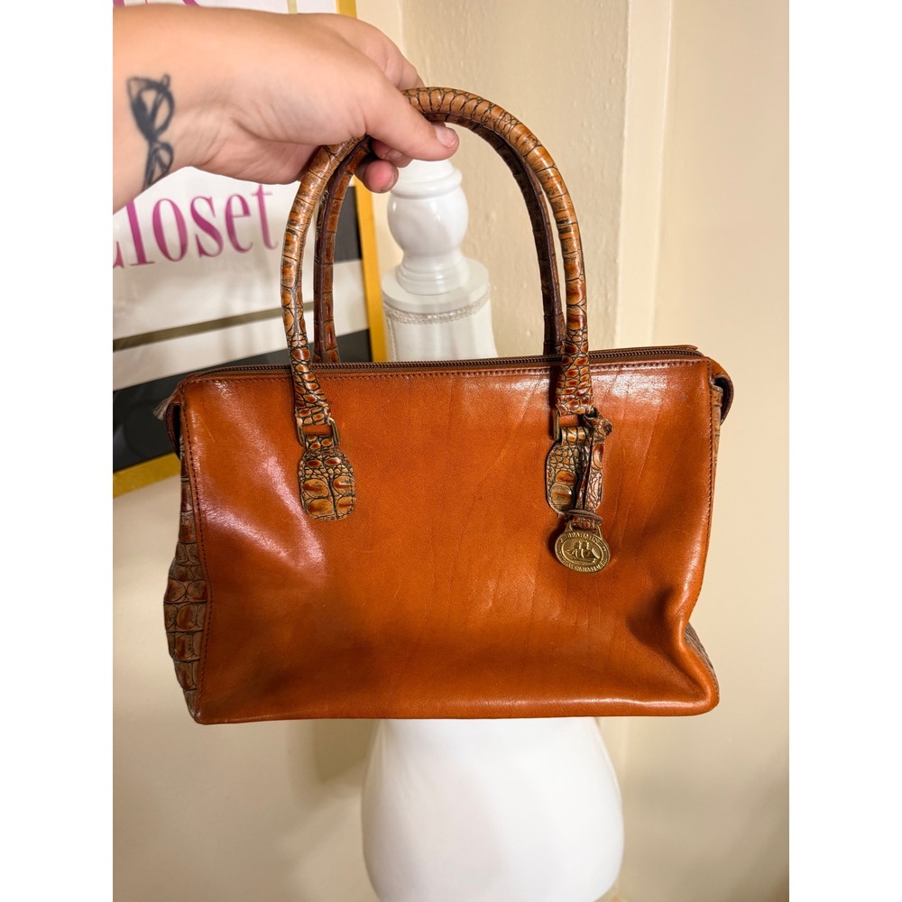 Brahmin Cognac Brown Leather Crocodile Embossed Satchel Handbag Zip Top Purse - Picture 2 of 6